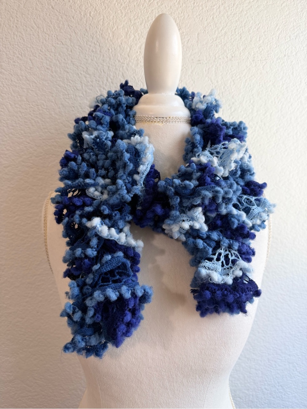 Handmade Blue Ruffled Knit Scarf Women Accessories Y2K